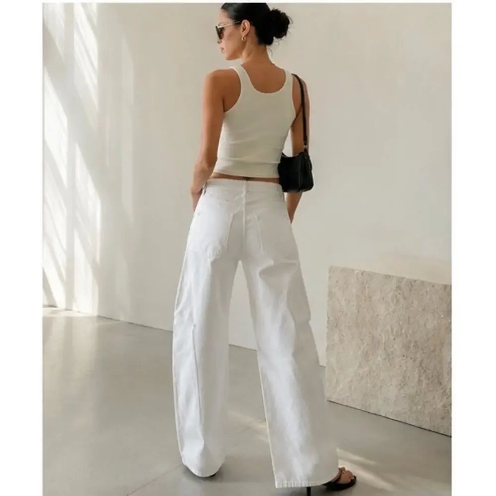 EB Denim White Asymmetric Fold Over Waist Wide Leg Jeans Size 27 Made USA - Picture 7 of 12